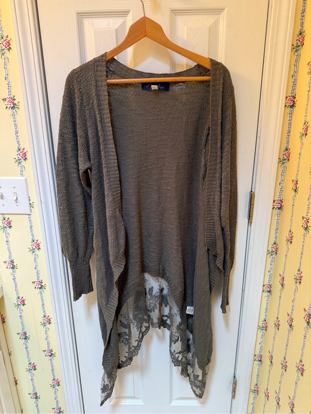 Blue Rain Army Green Open-Front Knit Cardigan with Lace-Trim Hem